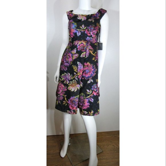 Adrianna Papell Metallic Jacquard Fit Flare Dress, Black Floral Women's Size 2 - Picture 1 of 8